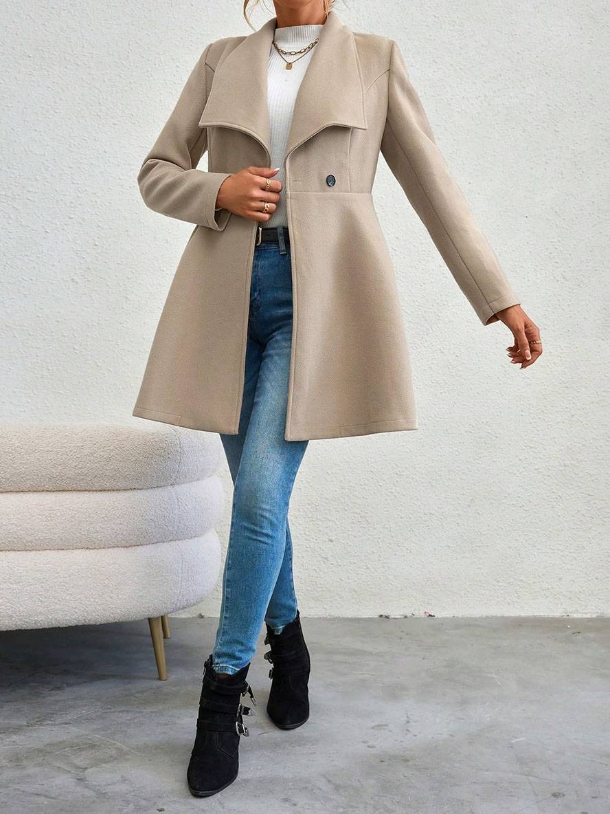 Mittelanger Wollmantel Einfarbig mit Knöpfen, mit Reverskragen, Langen Ärmeln, Elegante, Lässige Jacke für Frauen