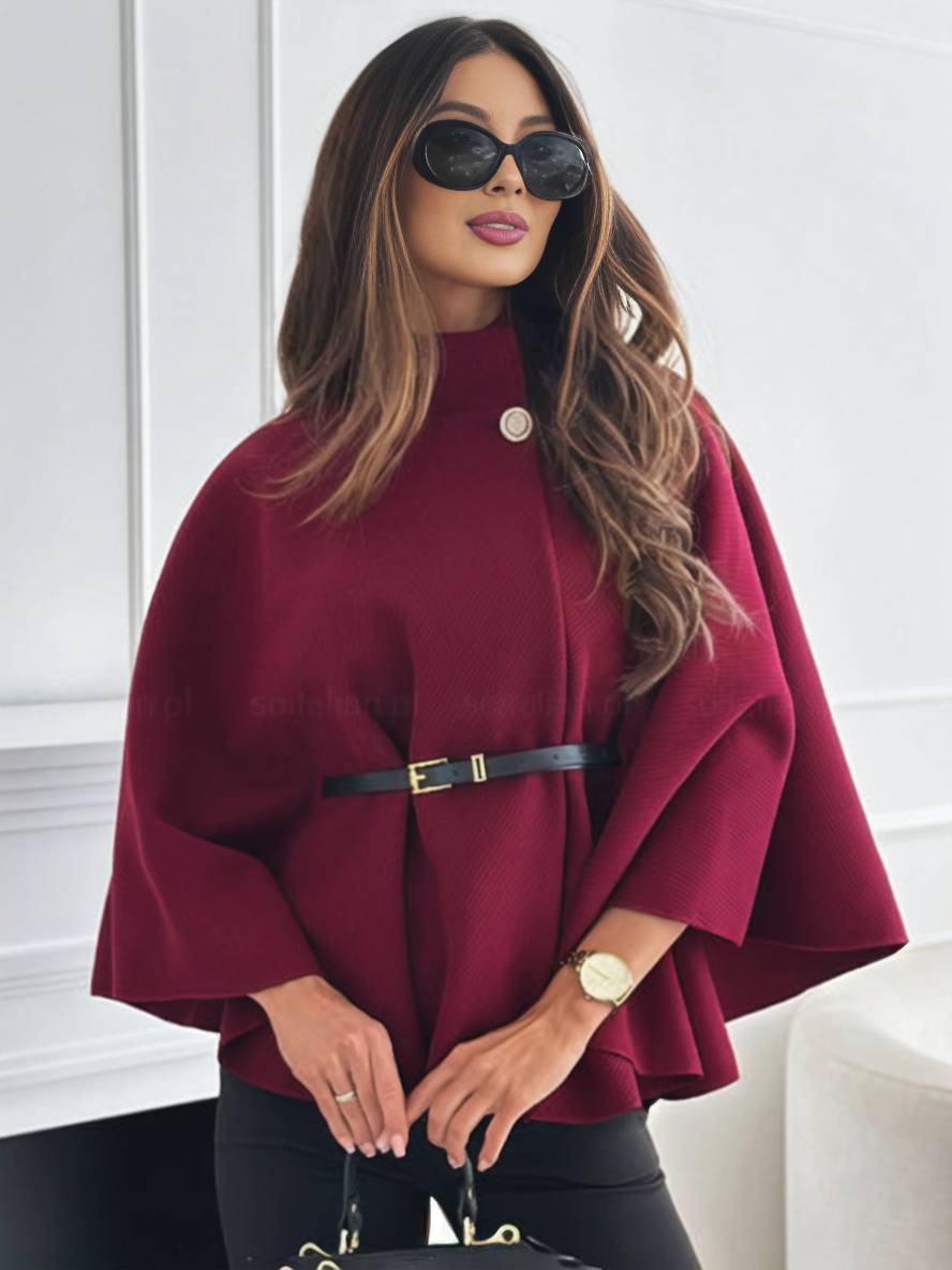 Women's Poncho Jacket for Autumn with Belt and Batwing Sleeves - Burgundy