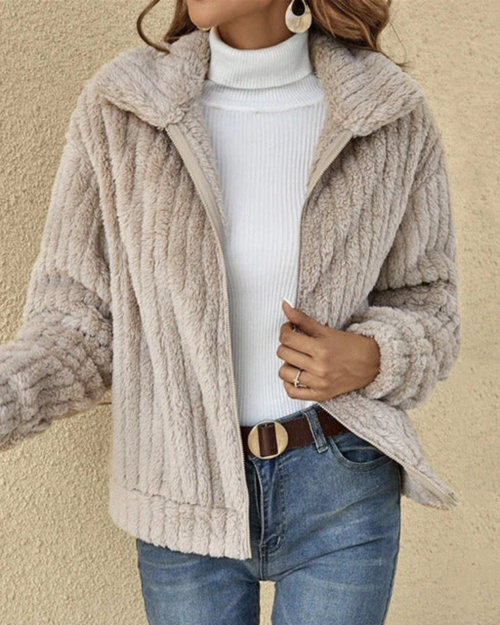 Women's Winter Plush Jacket with Zipper - Beige