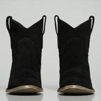 Women's Ankle Boots with Western Embroidery and Block Heel - Black
