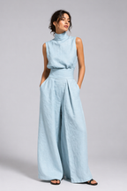 Damen Premium Leinen Zweiteiler mit weitem Bein Sommer Mode