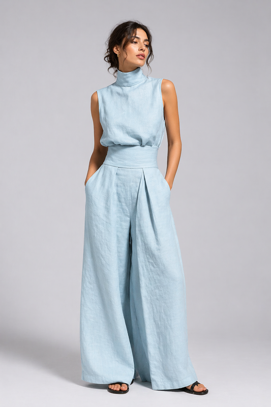 Damen Premium Leinen Zweiteiler mit weitem Bein Sommer Mode