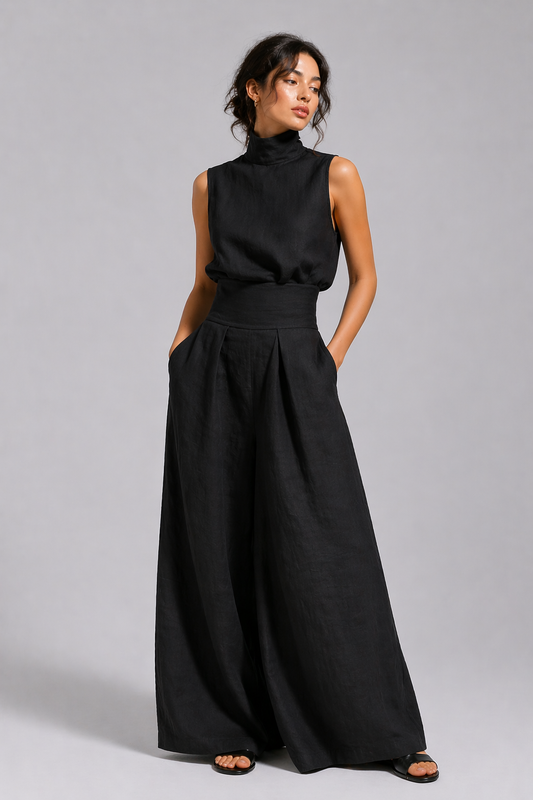 Damen Premium Leinen Zweiteiler mit weitem Bein Sommer Mode