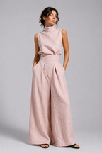 Damen Premium Leinen Zweiteiler mit weitem Bein Sommer Mode