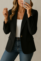 Women's Blazer with Single-Button Closure and Flap Pockets - Black