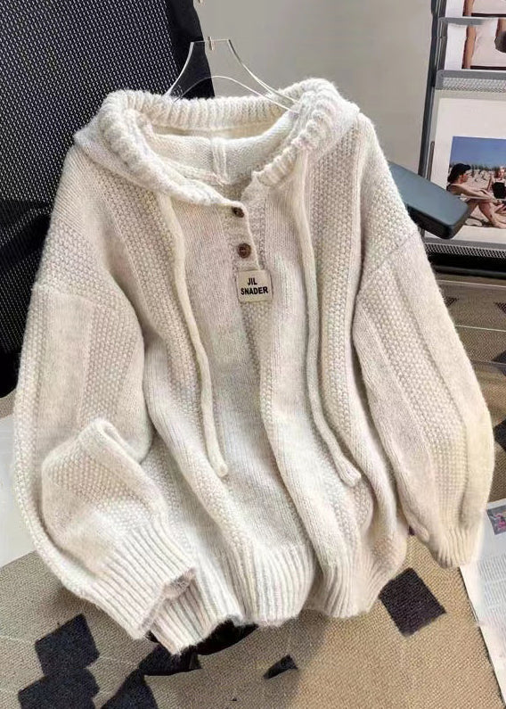 Women's Hooded Top with Button Placket and Lace-Up Detail - Apricot