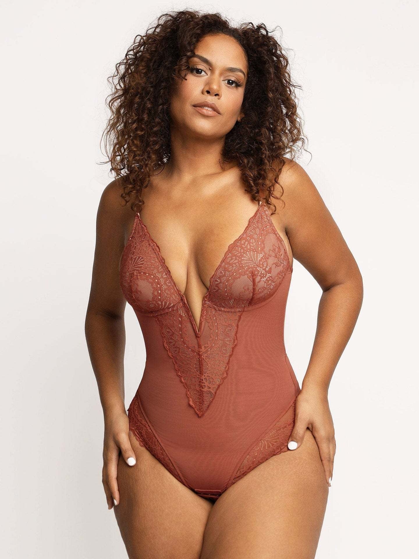 Spitzen-Tief-V formender Bodysuit