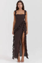 Women's Summer Ruffle Dress, Long with Front Slit, Floor-Length - Brown