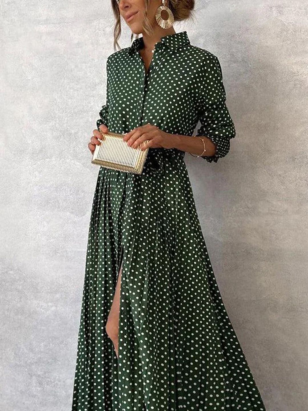 Kharen - Autumn Maxi Dress with Vintage Charm and Polka Dot - Green