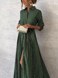 Green Polka Dot Maxi Dress with Shirt Collar and Flared Hem - Perfect for Autumn - Green