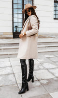 Women's Long Winter Coat, Fitted Silhouette, Classic Collar, Button Placket with Lining - Beige