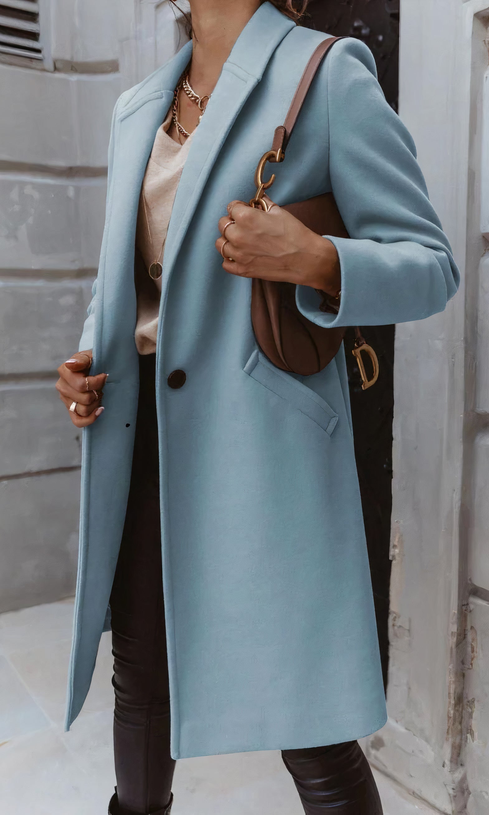 Women's Long Winter Coat, Fitted Silhouette, Classic Collar, Button Placket with Lining - Light Blue
