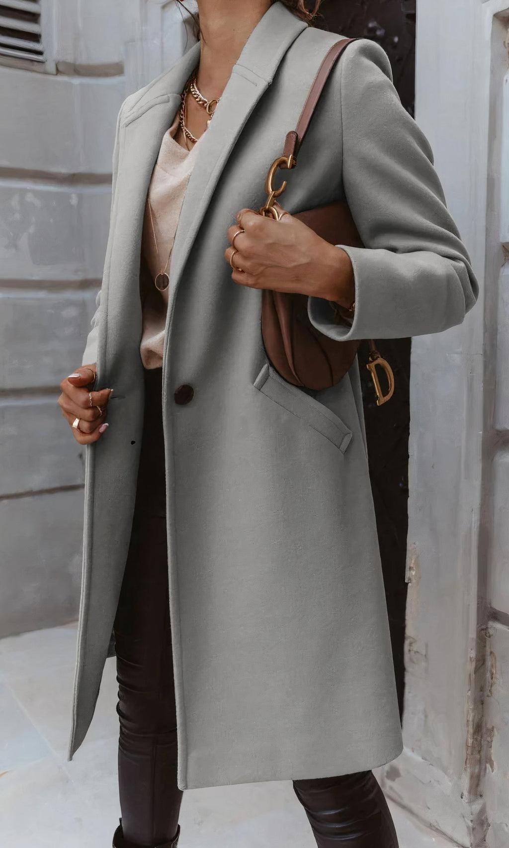 Women's Long Winter Coat, Fitted Silhouette, Classic Collar, Button Placket with Lining - Gray