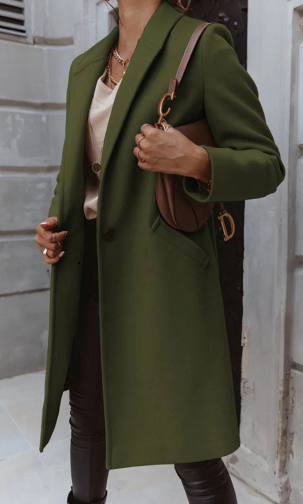Women's Long Winter Coat, Fitted Silhouette, Classic Collar, Button Placket with Lining - Army Green