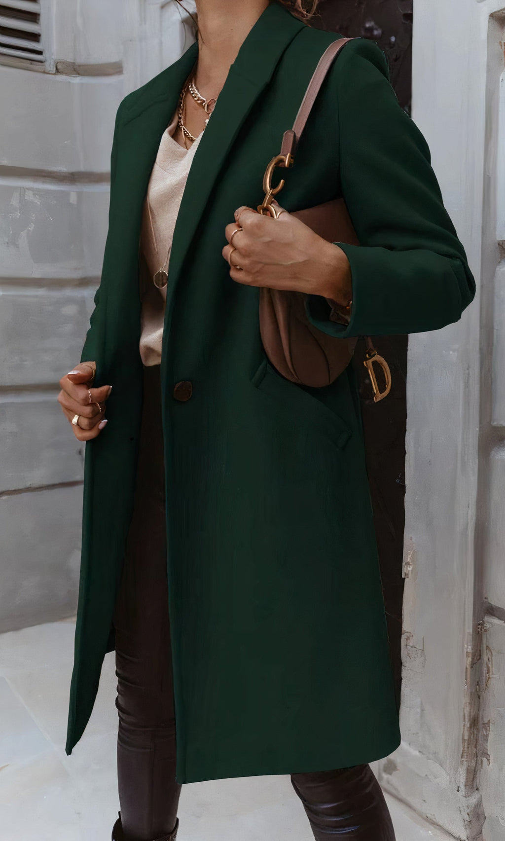 Women's Long Winter Coat, Fitted Silhouette, Classic Collar, Button Placket with Lining - Green