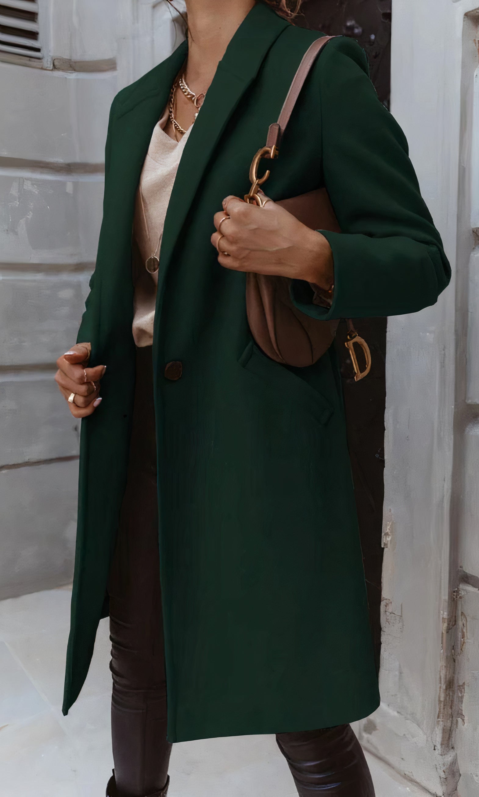 Women's Long Winter Coat, Fitted Silhouette, Classic Collar, Button Placket with Lining - Green