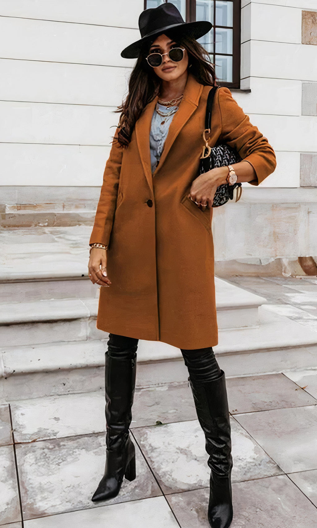Women's Long Winter Coat, Fitted Silhouette, Classic Collar, Button Placket with Lining - Maroon