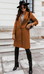 Women's Long Winter Coat, Fitted Silhouette, Classic Collar, Button Placket with Lining - Maroon