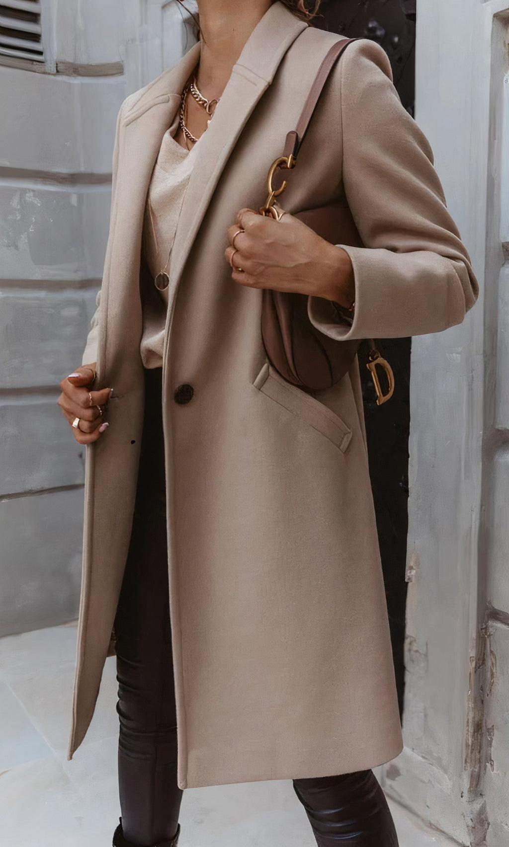 Women's Long Winter Coat, Fitted Silhouette, Classic Collar, Button Placket with Lining - Apricot