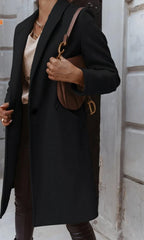 Women's Long Winter Coat, Fitted Silhouette, Classic Collar, Button Placket with Lining - Black