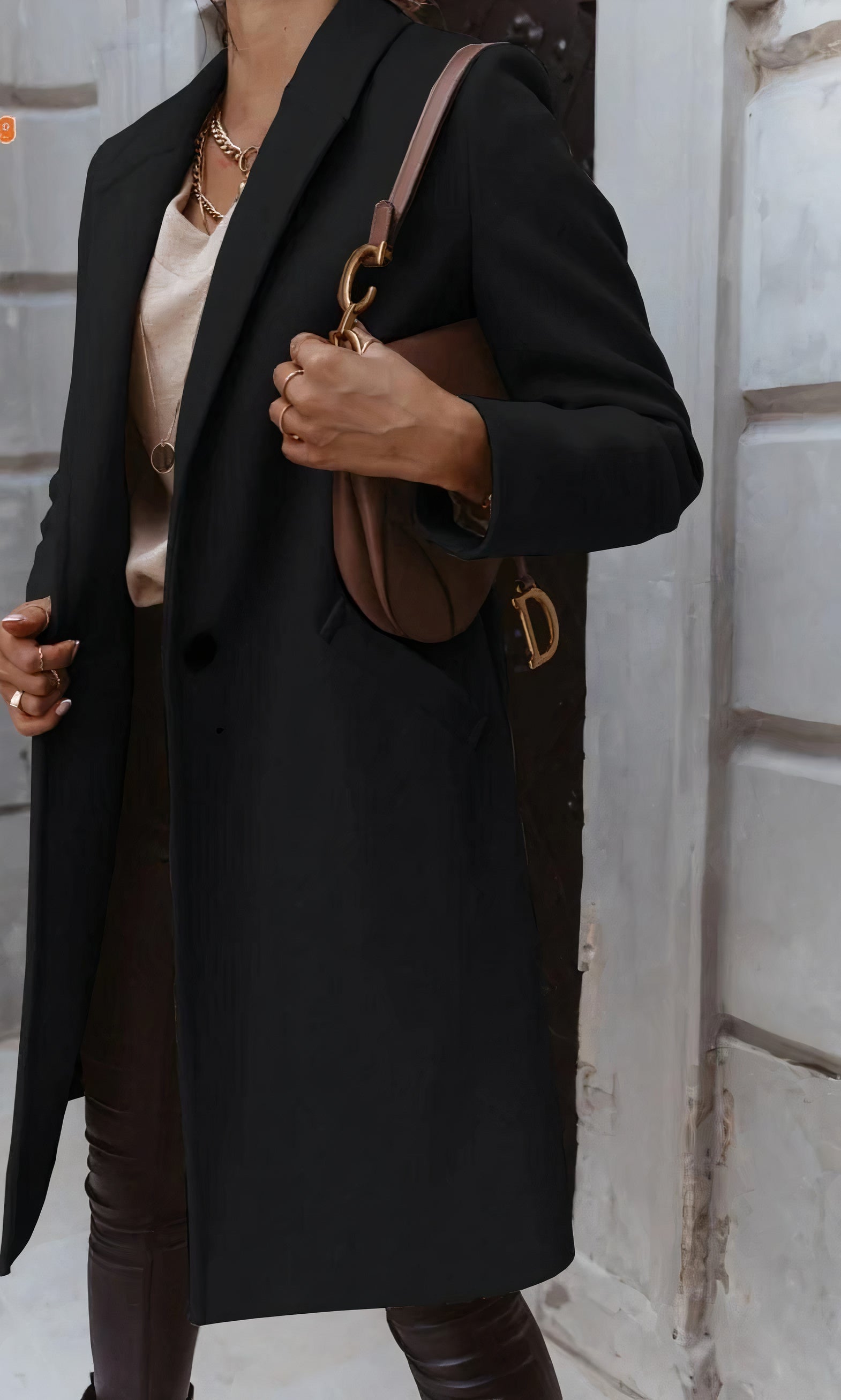 Women's Long Winter Coat, Fitted Silhouette, Classic Collar, Button Placket with Lining - Black