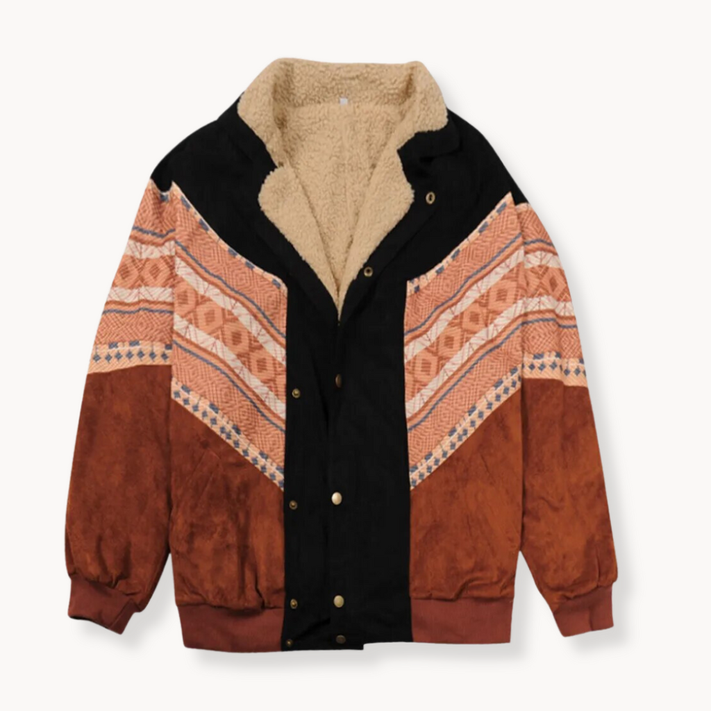Aztec-Print Jacket with Open Front and Long Sleeves | Perfect for the Cold Winter Months - Orange