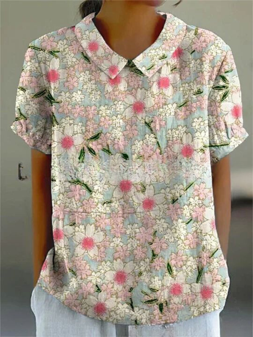 Long-Sleeve Women's Shirt with Autumn Floral Print, Lightweight Cotton, Relaxed Fit - Dark Pink