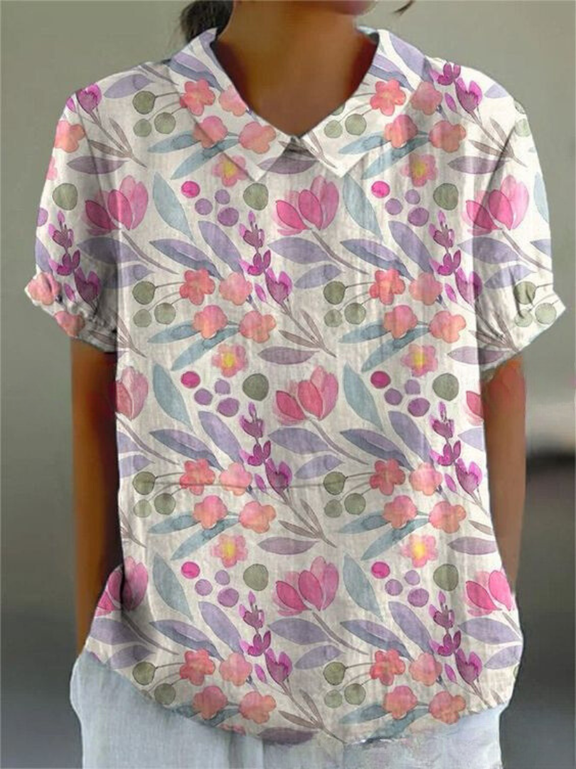 Long-Sleeve Women's Shirt with Autumn Floral Print, Lightweight Cotton, Relaxed Fit - White Floral Print