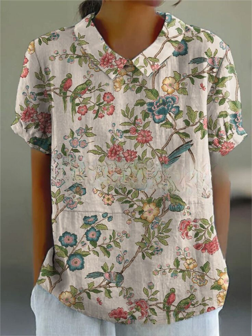 Long-Sleeve Women's Shirt with Autumn Floral Print, Lightweight Cotton, Relaxed Fit - Gray