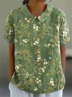 Long-Sleeve Women's Shirt with Autumn Floral Print, Lightweight Cotton, Relaxed Fit - Green 2