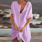 Women's Summer Dress with Flared Cut, Short Sleeves, Cotton-Linen - Purple