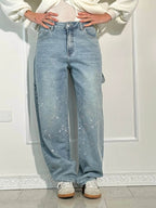 Wide Balloon Jeans with Rhinestone Details | Perfect for Autumn - Light Blue