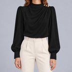 Women's Mock Neck Gold Button Blouse – Ruched Drape Front Long Sleeve Dressy Top