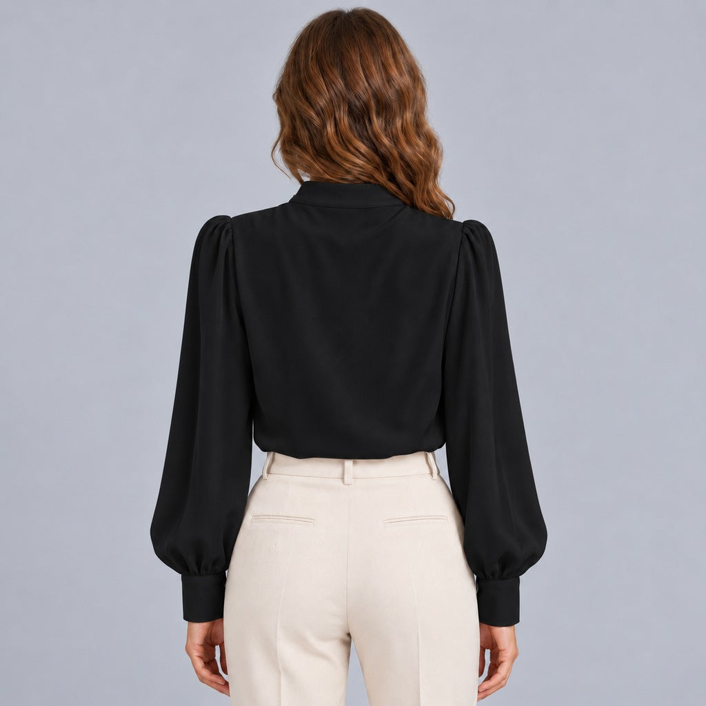 Women's Mock Neck Gold Button Blouse – Ruched Drape Front Long Sleeve Dressy Top