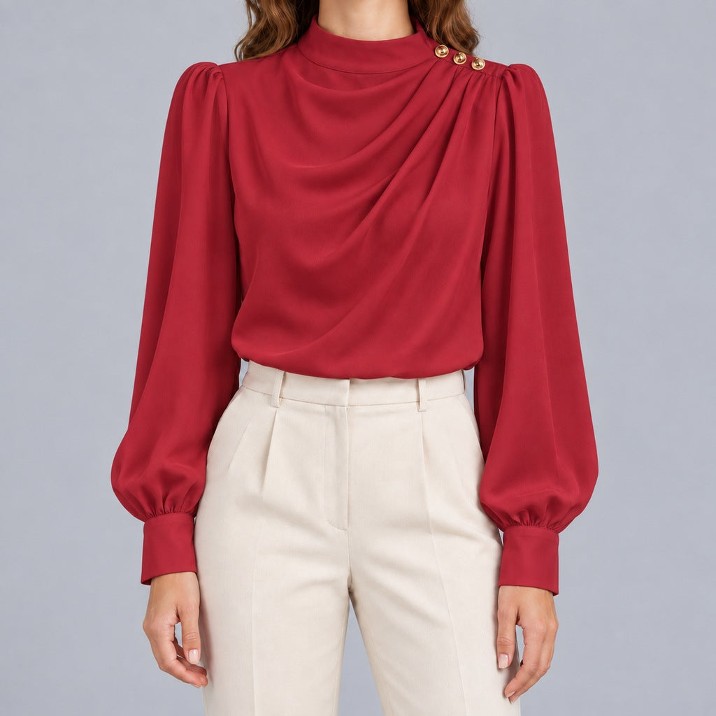 Women's Mock Neck Gold Button Blouse – Ruched Drape Front Long Sleeve Dressy Top