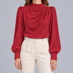 Women's Mock Neck Gold Button Blouse – Ruched Drape Front Long Sleeve Dressy Top