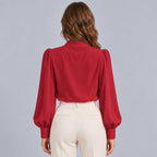Women's Mock Neck Gold Button Blouse – Ruched Drape Front Long Sleeve Dressy Top