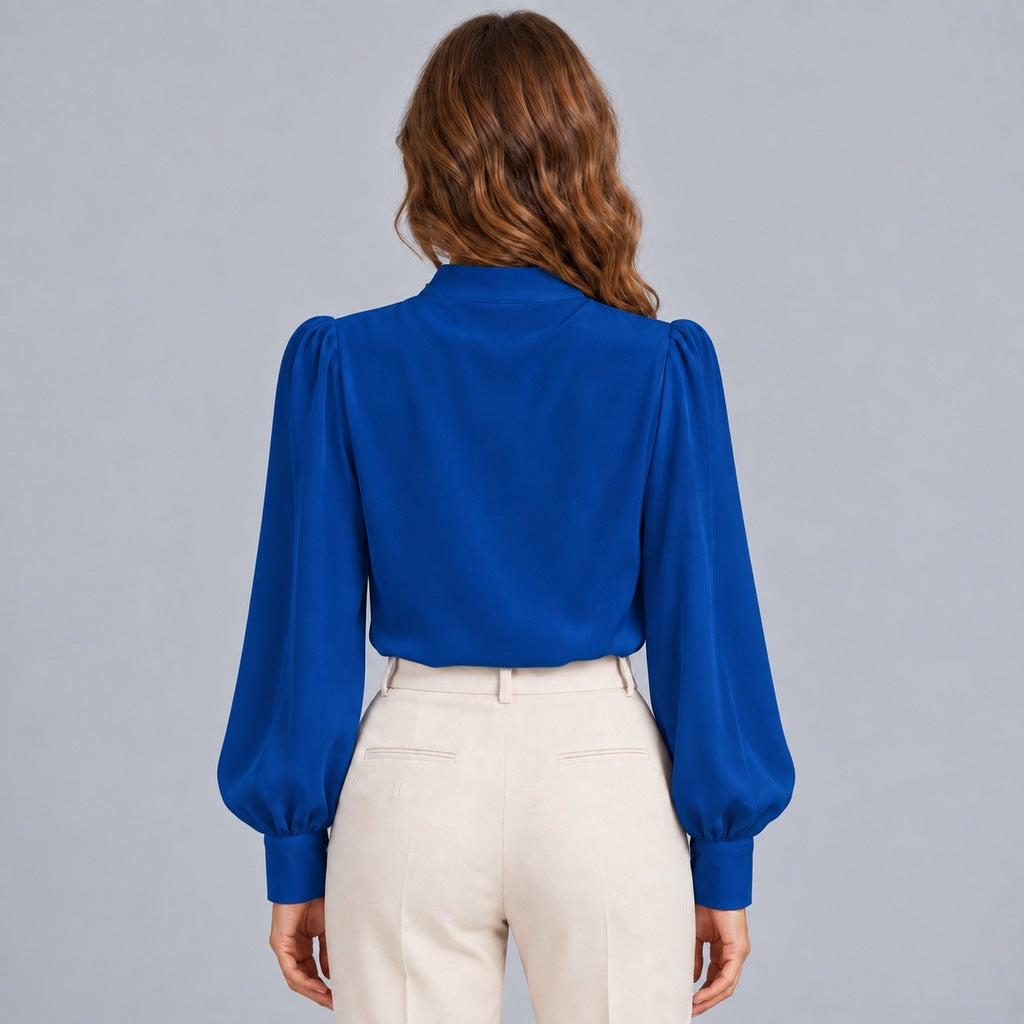 Women's Mock Neck Gold Button Blouse – Ruched Drape Front Long Sleeve Dressy Top