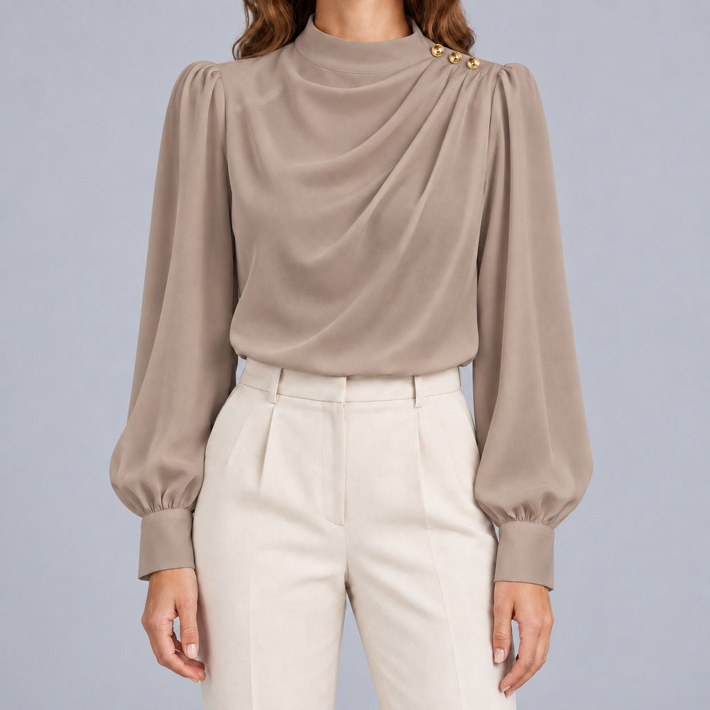 Women's Mock Neck Gold Button Blouse – Ruched Drape Front Long Sleeve Dressy Top