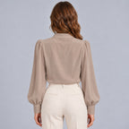 Women's Mock Neck Gold Button Blouse – Ruched Drape Front Long Sleeve Dressy Top
