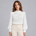Women's Mock Neck Gold Button Blouse – Ruched Drape Front Long Sleeve Dressy Top