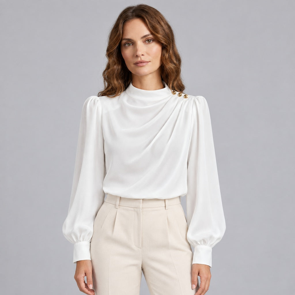 Women's Mock Neck Gold Button Blouse – Ruched Drape Front Long Sleeve Dressy Top