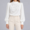 Women's Mock Neck Gold Button Blouse – Ruched Drape Front Long Sleeve Dressy Top