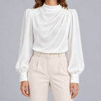 Women's Mock Neck Gold Button Blouse – Ruched Drape Front Long Sleeve Dressy Top
