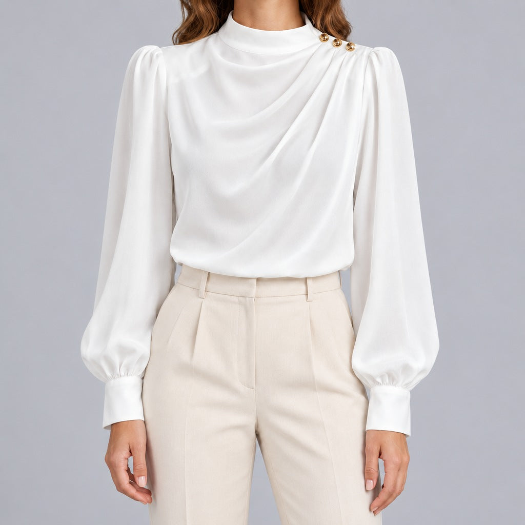 Women's Mock Neck Gold Button Blouse – Ruched Drape Front Long Sleeve Dressy Top