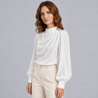 Women's Mock Neck Gold Button Blouse – Ruched Drape Front Long Sleeve Dressy Top