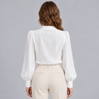 Women's Mock Neck Gold Button Blouse – Ruched Drape Front Long Sleeve Dressy Top