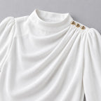 Women's Mock Neck Gold Button Blouse – Ruched Drape Front Long Sleeve Dressy Top