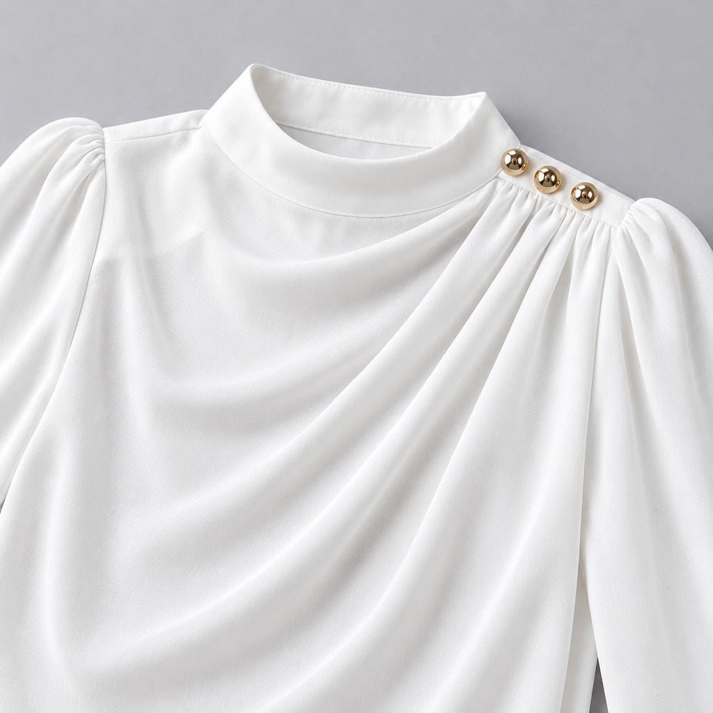 Women's Mock Neck Gold Button Blouse – Ruched Drape Front Long Sleeve Dressy Top