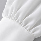 Women's Mock Neck Gold Button Blouse – Ruched Drape Front Long Sleeve Dressy Top